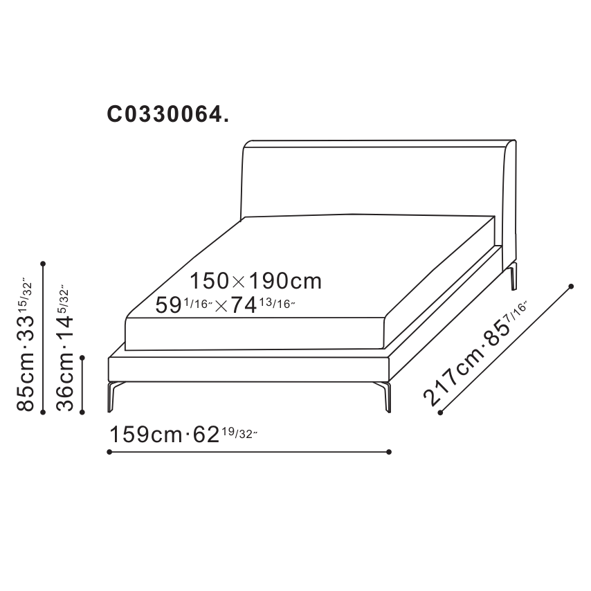 Alison Plus Bed - 'Short King' Size - 150 x 190cm  Bed dimensions