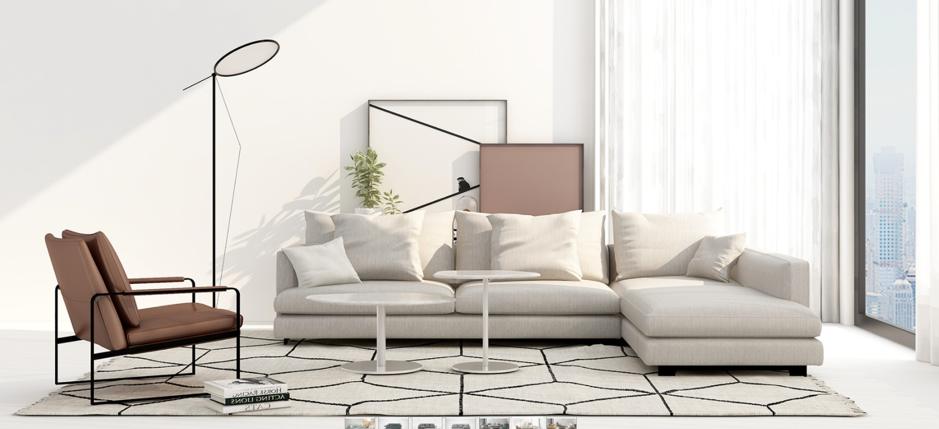 Lazy Time Plus 325cm x 175cm L-Shape Sofa (Right-Hand) in a white living room with 2 circle coffee tables. The Sofa is sat on top of a cream rug with black lines.