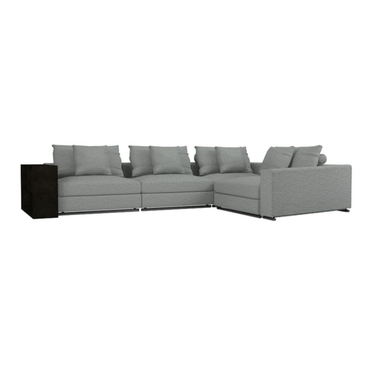 Freetown Large Closed Corner Sofa in Nickel Fabric with Grey Oak Storage Armrest