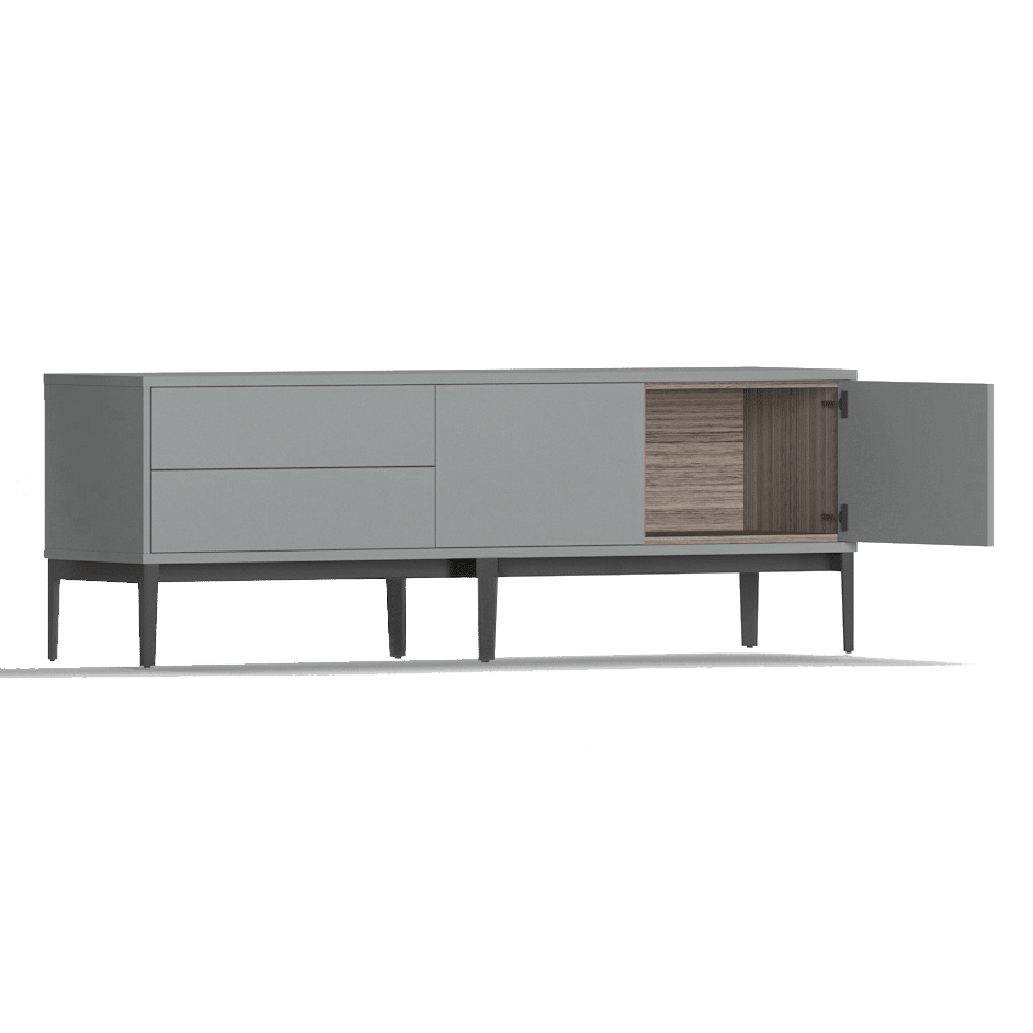 Pixel TV Stand/Storage Unit 'Denim Grey' Lacquer 'Driftwood' Showing the wood finish in the cupboards